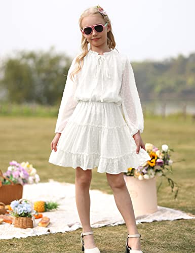 Girls Dresses White Dress For Girls Long Sleeve Kids Dress Casual Swiss Dot Mesh Knee Length Dress Tie Front Flowy Dress Cute A-Line Girls Spring Summer Dresses Size 8 Size 9 Dress For Girls #TOP2