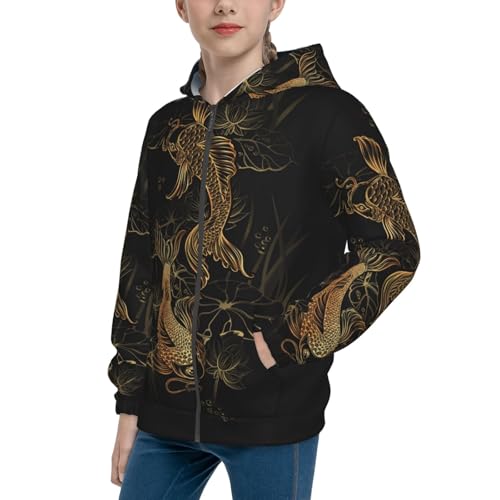 Koi Carps and Lotus Kids Pullover Hoodies Boys Zip Up Sweatshirts Girls Athletic Clothes with Pocket