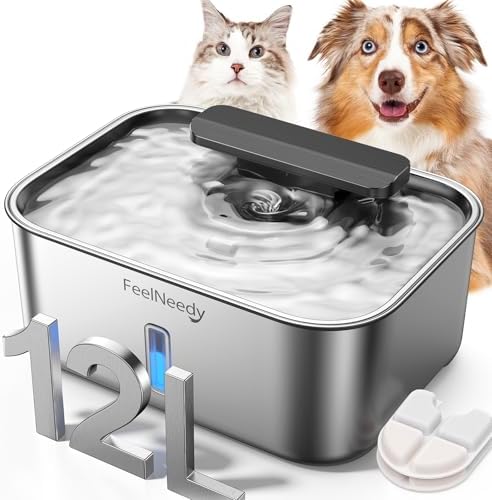 3.2Gal/12L Dog Water Fountain for Large Dogs, Ultra-Quiet Stainless Steel Dog Water Bowl Dispenser with Swirling Water Flow, Pet Water Fountain with Visual Water Level for Large Dogs Cats & Multi-Pet