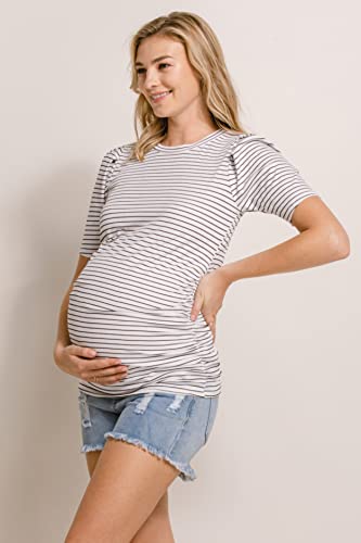 Women's Maternity Puff Sleeve Ribbed T-Shirt Top, White Stripe, Medium #TOP2