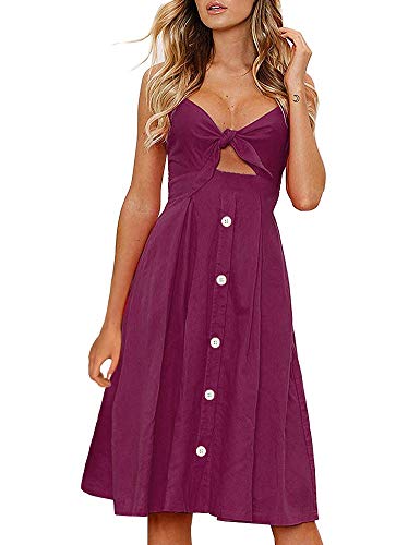 Image of FANCYINN Womens Tie Front Button Down A-Line Dresses Summer Spaghetti Strap Midi Dress Floral Prints