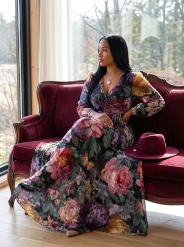 Image of SUZONANA Plus Size Dresses for Women Floral Print Maxi Dress Flowy 3 /4 Sleeve with Belt