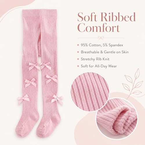 Image of VIKITA Girls Ribbed Tights with Bow - Soft Daily Knitted Leggings