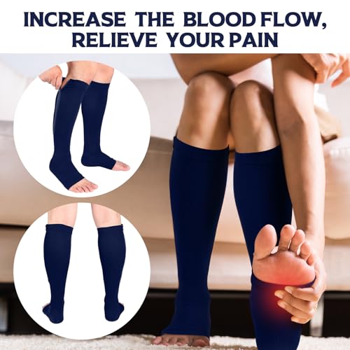 Image of Nuanchu 3 Pairs Open Toe Zipper Compression Socks 20-30mmhg Zipper Compression Toeless Knee High Socks for Men Swelling Edema