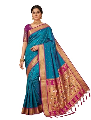Women’s Teal Blue Soft Paithani Silk Saree with Golden Zari Pallu, Traditional Bird Motifs & Unstitched Purple