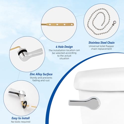 Image of Hibbent Universal Metal Front Mount Flush Toilet Handle Kit, Chrome | Solid Brass Toilet Flush Tank Lever with Stainless Steel Adjustable Flapper Chains, Side Tank Toilet Handle for Most Toilets