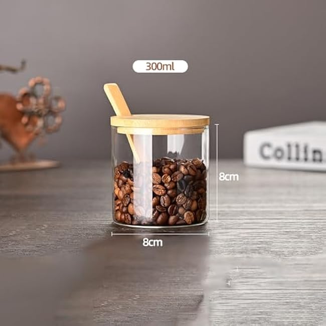 Square Glass Spice Jar Set with Wooden Tray Lids & Spoons