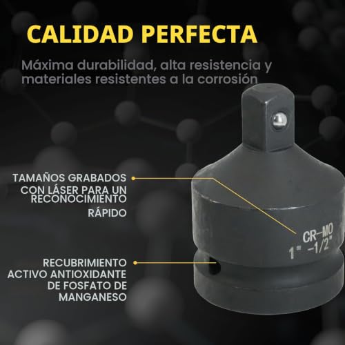 Miniatura 5 de Flewdart Adaptador De Vaso De Impacto 1 A 1 2, Carraca Reductor, Adaptador Carraca Acero Al Cromo-Molibdeno Cr-Mo 1 Vers 1 2