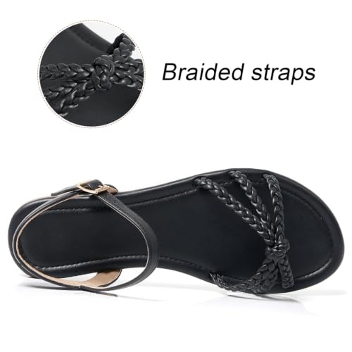Image of iCKER Womens Braided Flat Sandals T‑Strap thong Elastic Stretch Ankle Strap