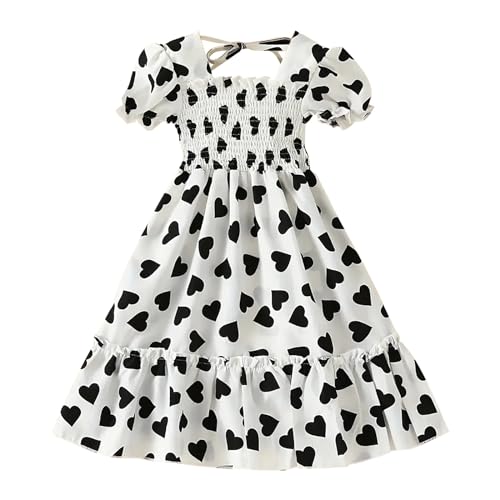 Girls Heart Dot Bubble Sleeve Smocked Midi Dress A-Line Tunic Ruffle Midi Dresses Casual Tween Party Holiday Outfit