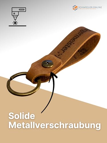SCHWEGLER.online Schlüsselanhänger personalisiert Leder mit Wunsch-Gravur, handgemacht, Materialstärke 2mm, pflanzlich gegerbt, Geschenkverpackung möglich (braun)