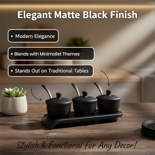 Image of Melamine Pickle Pot Set (3 Pots) with Lid, Spoon & Tray | Durable Achaar, Sauce & Chutney Storage Jar | Stylish Barni Pot for Kitchen, Dining & Table Use (Black)