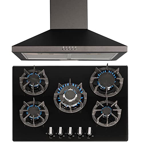 SIA R8 70cm Black 5 Burner Gas On Glass Hob With Cast Iron Pan Stands & SIA CHL70BL 70cm Chimney Cooker Hood Kitchen Extractor Fan in Black