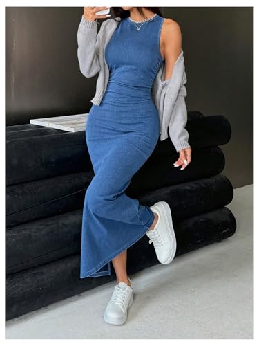 SOLY HUX Women's Denim Dress Sleeveless Slit Bodycon Tank Dress Summer Maxi Dresses4