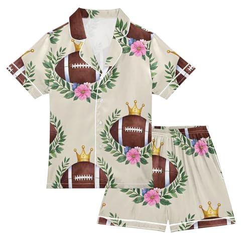 ALAZA Crown American Football Retro Satin Pajamas Set Short Sleeve Button Down Sleepwear Summer Pjs 2 Piece