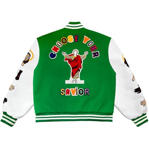 Image of Men's Graphic Print Varsity Jacket Super star Vintage Padded Thickening Jesus Fleece ParquetBaseball Jacket Coat