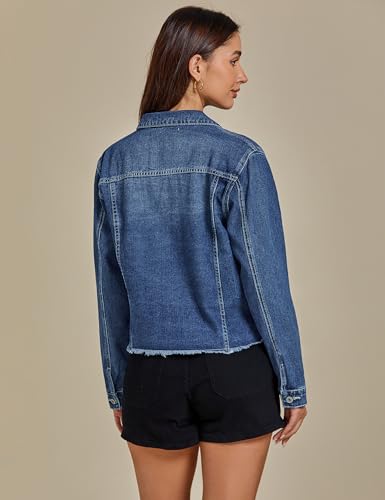 Image of luvamia Denim Jacket for Women Distressed Jean Jackets Button Up Vintage Western Trucker Jacket Frayed Hem Pockets