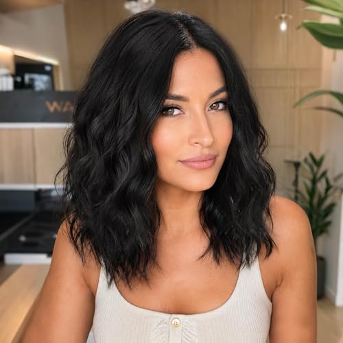 Eawwii Black Short Wavy Wig for Women Lace Hairline Bob