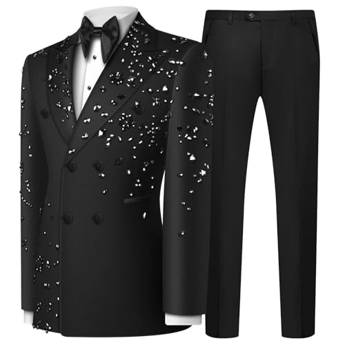 Olibexley Men's 2 Piece Double Breasted Suits Slim Fit Tuxedo Jacket and Dress Pants Set for Wedding Business Prom Suits (US, Alpha, X-Large, Regular, Regular, Black)