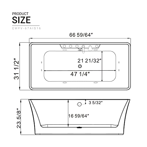 Empava 67-Inch Freestanding Whirlpool Bathtub Rectangular With 8 Hydromassage Adjustable Water Jets Luxury Acrylic Massage Spa Soaking Bath Tub Double Ended, White #TOP5
