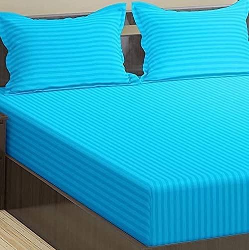 Image of Trance Home Linen 200 TC Pure 100% Cotton Bedsheet Set of 4pcs-(1 King Size Fitted Sheet + 1 King Size Flat Sheet and 2 Pillow Covers,Aqua Turquoise Blue)
