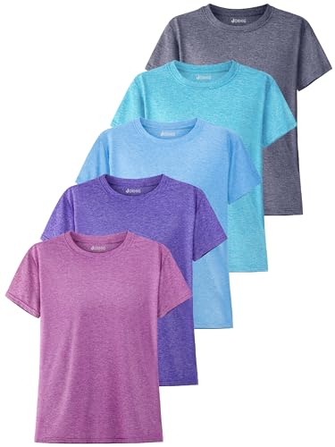 JORHIG 5 Pack Girls Shirts Athletic Dry-Fit T-Shirts Short Sleeve Summer Crew Neck Tops for Girls Kids Teens Set G 10-12Y