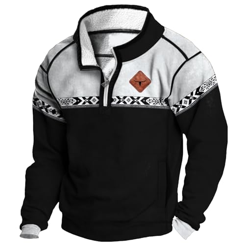 MARSVOVO Mens Aztec Cowboy Hoodie Quarter Zip Fleece Long Sleeve Western Shirt Fall Winter Vintage Jacket Men's Fashion Sweatshirt Oversized Country 70s Hoodie, Aztec Black White, XL