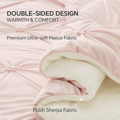 Image of BEDELITE Fluffy Sherpa King Comforter Set,Pintuck-Pink | Super Soft & Warm Fleece Bedding, Luxury Fuzzy Comforter for Winter, Heavy Plush Bedding Set,2 Pillowcases