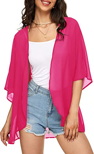 Image of Indian Trendy Women's Solid Puff Sleeve Kimono Cardigan Loose Cover Up Casual Blouse Top Chiffon