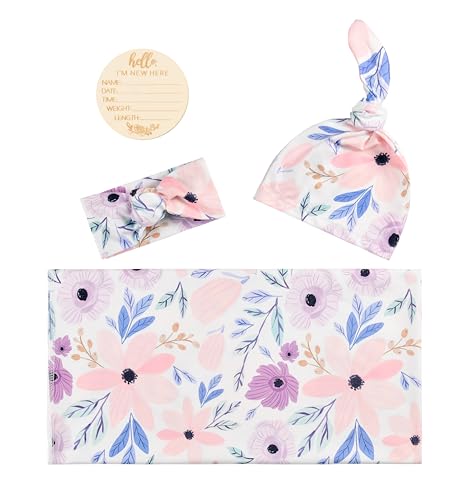 Image of Newborn Baby Girl Receiving Blanket Swaddle Blanket Stretchy Knit Swaddle Set with Matching Headband Beanie with a Name Card (Pink and Purple Floral)
