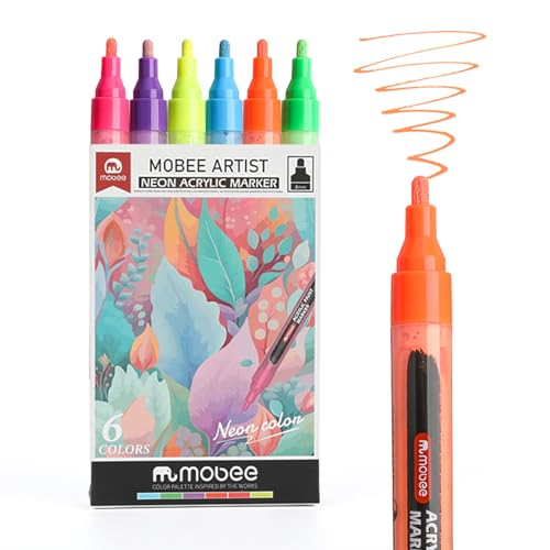 Mobee Neon Acrylic Paint Markers, 6 Bright Colors, 3Mm Medium Tip, High Opacity Acrylic Paint Pens, Non Toxic, Smooth Ink Flow For Rock Painting, Wood, Glass, Fabric, Canvas, Metal, Diy Art Crafts