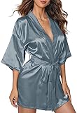 Panegy Kimono para mujer, batas de seda con ribete de encaje suave para damas de honor, túnicas con elegante cinturón oblicuo con cuello en V, camisón para todas las estaciones, Style1/Anthracite, M