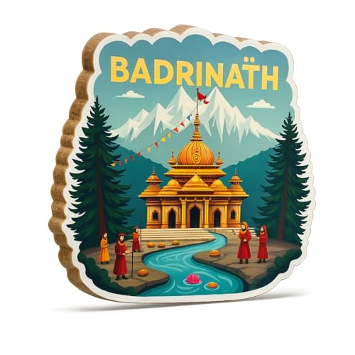 Image of Naxon Badrinath Temple Theme Souvenir Wooden Fridge Magnet for Refrigerator - Printed Fridge Magnet for Kitchen & Home Decor | Perfect Souvenir Gift | Size 3x3 in | Pack of 1