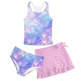 Cutemile Girl Bathing Suits Size 8-10 Galaxy Swimsuits Mesh Lining Swimwear Set with Purple Skirt for Beach Tankini 9-10 Years