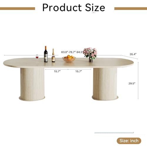 Image of 63 inch-94 inch Large Oval Extendable Dining Table for 6 8 10, Faux Travertine Expandable Kitchen Table with Fluted Cylindrical Storage Base, Modern Farmhouse Expanding Table for Dinner Party Family Gathering