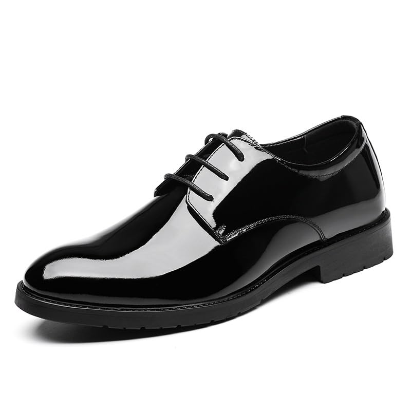 Men's Shiny Patent Leather Dress Shoes Business Walking Oxford Shoes Fashion Classic Pointed Toe Lace Up Low Top Tuxedo Dress Shoes for Men Derby Shoes