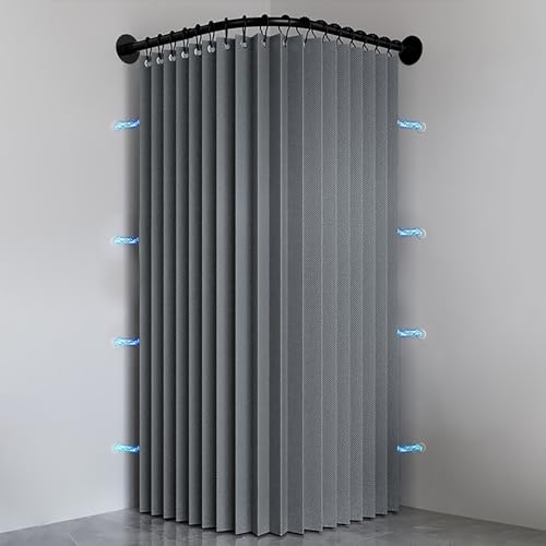 Haoyunll Faltbarer Wasserdichter Anti Schimmel Duschvorhang mit Haken, Waschbarer Eckduschvorhang aus Stoff, Magnetische Duschvorhänge für Badezimmer, 150 g/m², Grau, 120x200cm