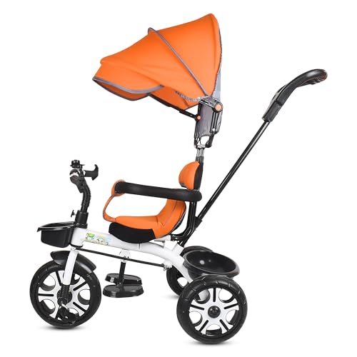 Image of BABY SMILE 4-in-1 Kids Tricycle with Adjustable Canopy, Parent Push Handle, Red and White (Orange)
