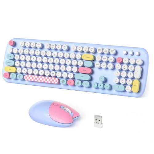 Dilter Wireless Keyboard and Mouse Combo, Full-Sized Typewriter Keyboards, Cute Cat Shaped Wireless Mouse, USB Plug and Play for Windows, Computer, PC, Laptop, Desktop (Blue Colorful)