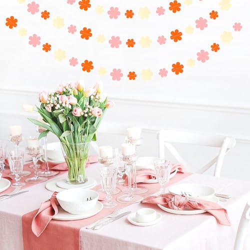 Image of Orange-Pink Fall Party-Decorations Streamers-Garland - 52ft Boho Flower Hanging Paper Banner, Groovy Birthday Baby Bridal Shower Bachelorette Wedding Engagement Thanksgiving Day HalloweenDecor Hugfond