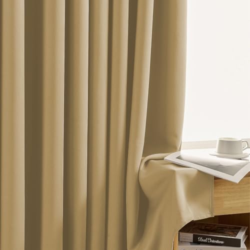 Image of LINENWALAS 100% True Blackout Curtains (5 Feet) - 1 Panel | Complete Light Block | Thermal Insulated & Noise Reducing Room Darkening Curtains for Living Room & Home Decor (Golden Beige)