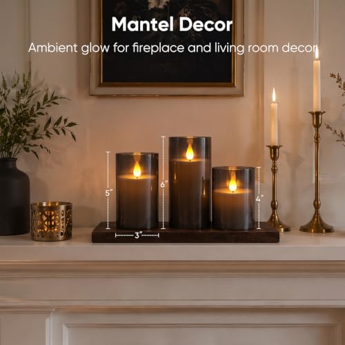 Image of Homemory Gray Flameless Candles, Battery Operated Acrylic LED Pillar Candles with Remote Timer, Realistic Flickering Fake Candles for Home Decor, Wedding, Party, Halloween Decorations, Set of 3