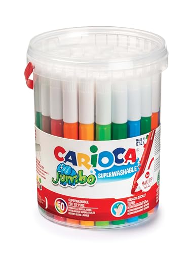 CARIOCA Jumbo | Bote de Rotuladores Super Lavables para Niños con Asa, Set de Punta Maxi, 50 Rotuladores con Colores Surtidos