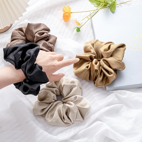 Lolalet Big Satin Scrunchies for Women, 5.9 Inch Large Oversized Scrunchie, Soft Jumbo/Giant Scrunchies Hair Ties for Thick & Curly Hair -4 Pack, Almond/Khaki/Black/Brown — view 6