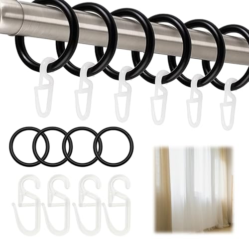 100 Stück Gardinenringe Mit Haken,Vorhang Hängend Ringe und 100 Stück Kunststoff Gardinenhaken, Vorhangringe Mit Haken,Gardinen Ringe für 30 mm Innendurchmesser, für Fenstervorhang(Schwarz)