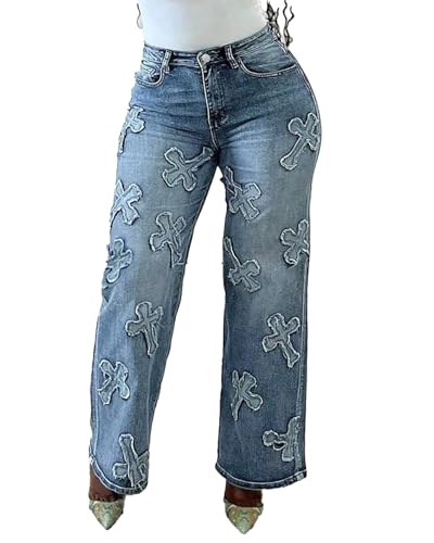 Womens High Waist Cross Jeans Stretchy Y2K 90s Baggy Casual Plain Straight-Leg Denim Jeans