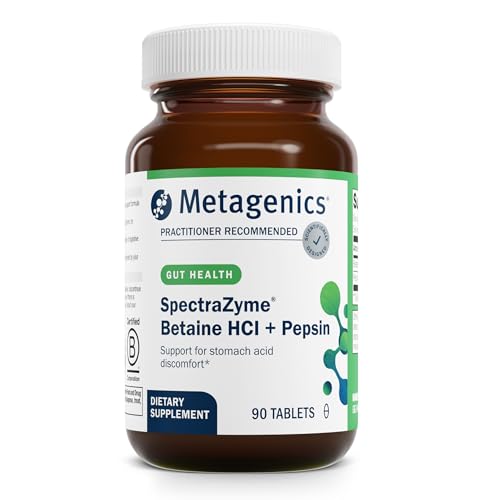 Metagenics SpectraZyme Betaine HCl with Pepsin - Digestive Support for Protein Breakdown & Nutrient Absorption* - Betaine Hydrochloride 650 mg & Pepsin 40 mg - NonGMO GlutenFree - 90 Capsules