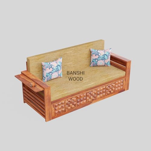 Image of BWF Heritage Sheesham Wood 3 Seater Sofa Cum Convertable Double Bed with Under Storage Unit | Extandable Arm Rest for Cofee /Tea Cup for Home and Office | BHsf - 02 (Natural Finish, 3D Carved)