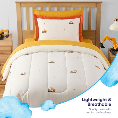 Image of Construction Bedding Set Twin Size - Bed in a Bag with Sheets, Pillowcases & Shams - Soft Construction Bedding Comforter Set with Dump Trucks, Cranes & Bulldozers - Fun Kids Construction Bedroom Decor