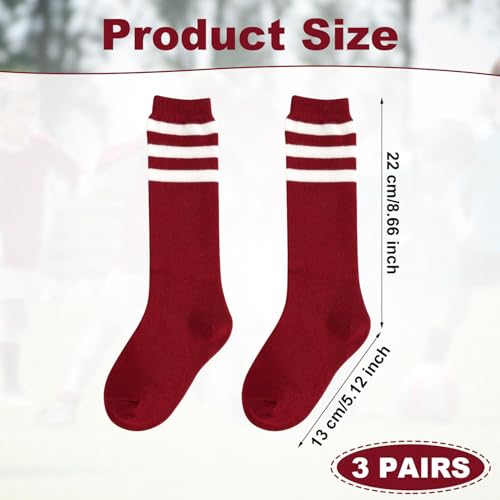 3 Pairs Soccer Socks, Soft Cotton Athletic Socks Mid Tube Socks Youth Socks Mid-Calf Socks for Sport Boys Girls Gift (Wine Red and White Strips)2